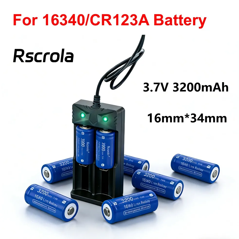 Long-lasting 16340 Rechargeable Battery with Charger, 3.7Volt Li-ion Batteries Button Top 3200mAh, Power for Flashlight Headlamp