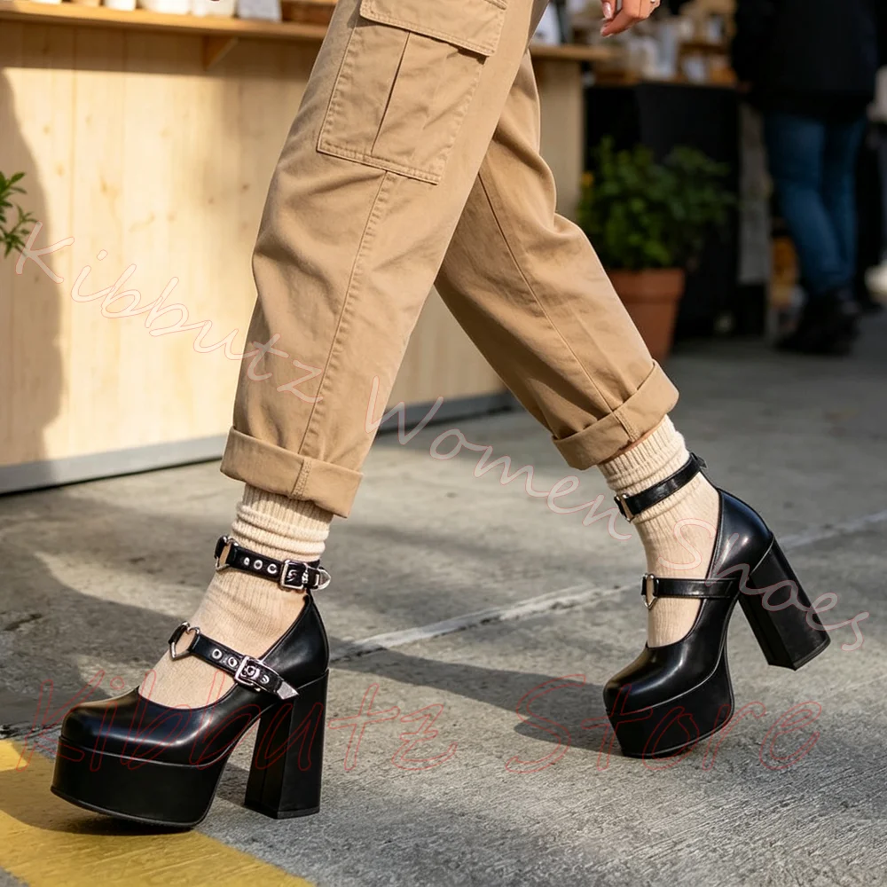 Platform Sandals Spike Rivet Multi Buckle Women Punk Chunky Heel Open Toe Goth Festival Street Fashion Leather Solid Color New