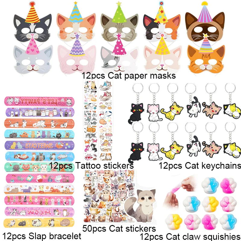 110pcs Cat Party Favors Girls Birthday Party Decorations Pet Cat Party Supplies Stickers Goodie Bag Stuffers Fillers Gifts