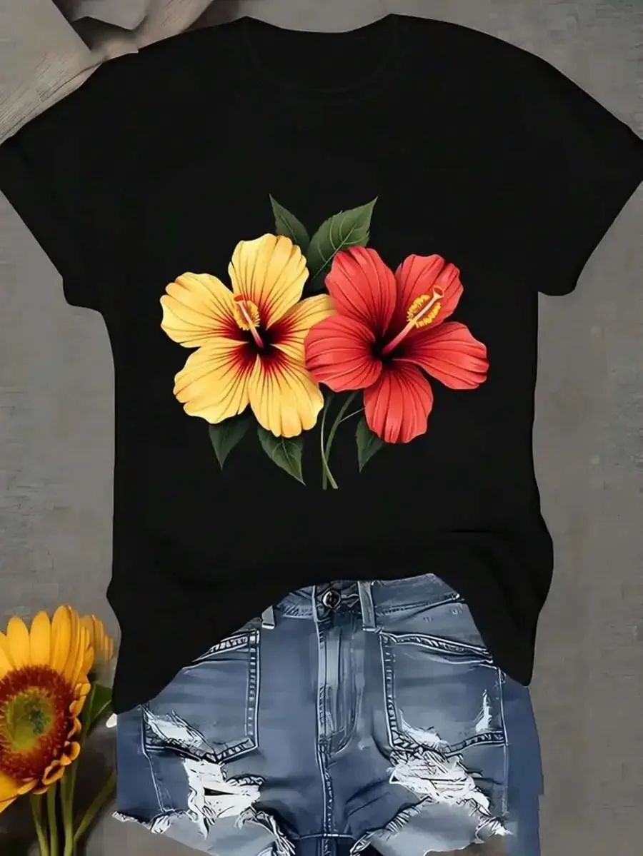 2026 Women Spring Summer Casual T-Shirt, Stylish Creative Graphic Print Tee, Round Neck Short Sleeve Basic Tops For Daily Outfit