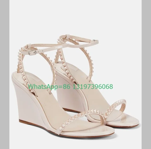 Lady rockstud wedges heel beige metallic PU sandals open toe design metal spike pumps slingback buckle strap elegant pumps size