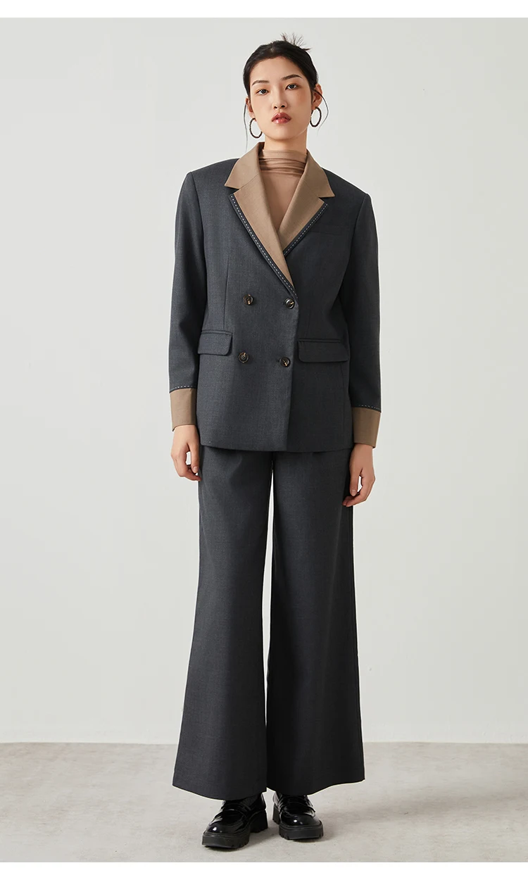 K2547W Designer-Stil Damen-Wollblazer Zweifarbige Patchwork-Jacke mit Revers Premium-Wollmischmantel – Detail 9