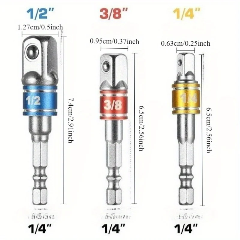 3Pcs Hex Shank Socket Adapter 1/4 3/8 1/2 Inch Color Coded Drill Bit Extension Bar Impact Driver Power Tool Accessory