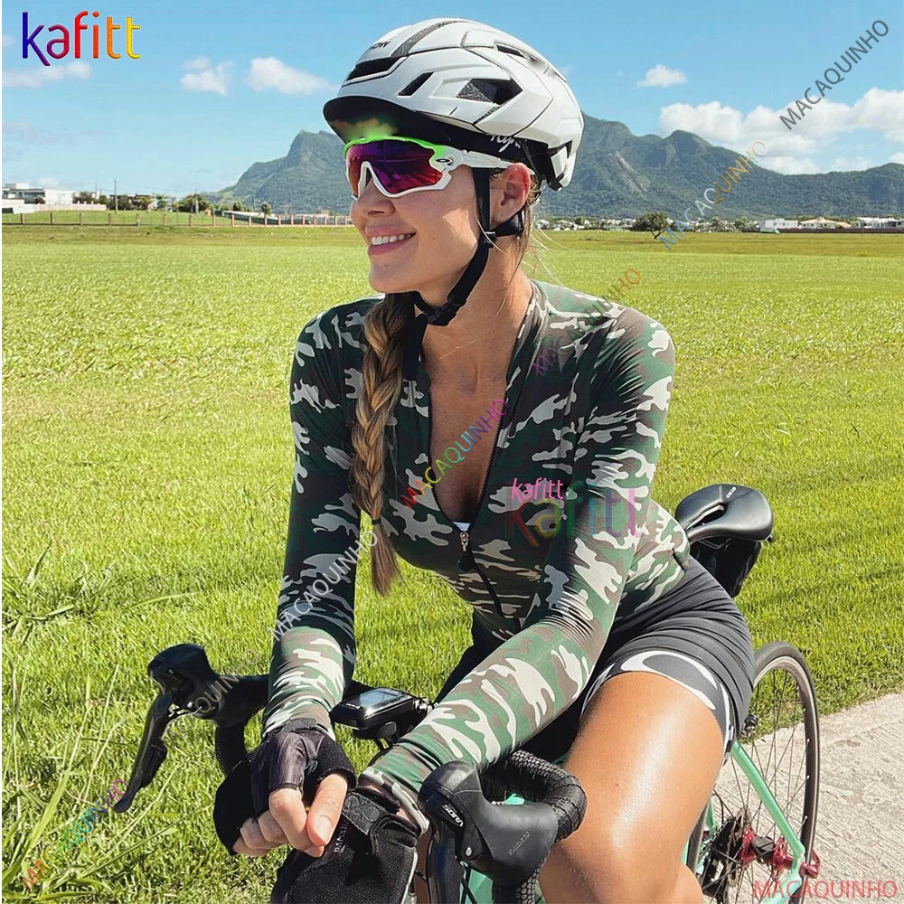 Frete Grátis Brasil Macaquinho Ciclismo Feminino Roupa Ciclista Manga Longa Camuflar