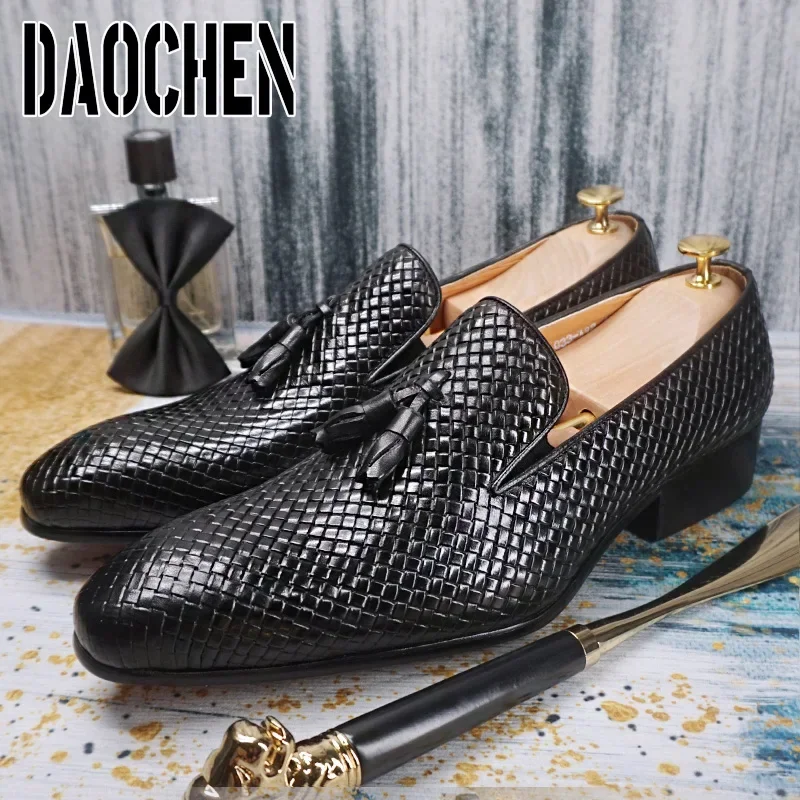 Elegant Men\'s Loafers Shoes Slip On Casual Dress Pointed Toe Shoes Black Office Business Wedding Real Leather For Shoes