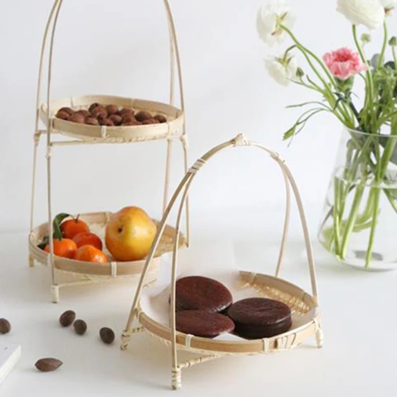 Bamboo Weaving Straw Baskets Tier Rack Wicker Fruit Bread Food Storage Kitchen Decorate Round Plate Stand Container-Single Layer