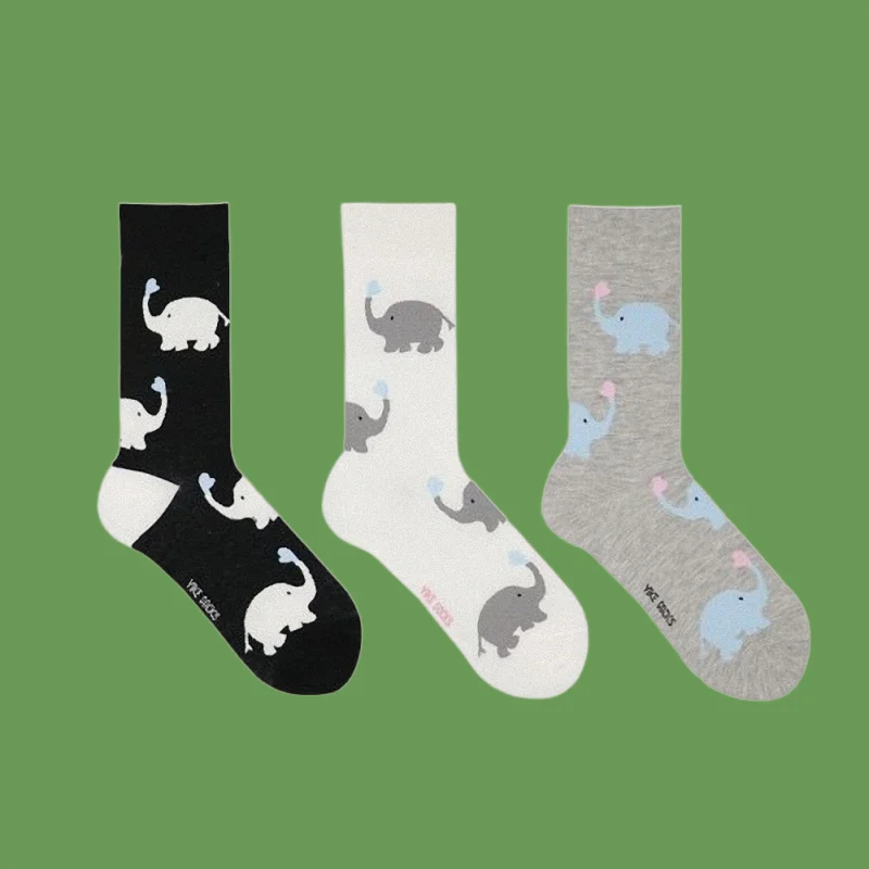 

3/6 Pairs High Quality Women's Elephant Pattern Socks Solid Colors Black White Beige High Tube Socks Trendy Cartoon Women Socks