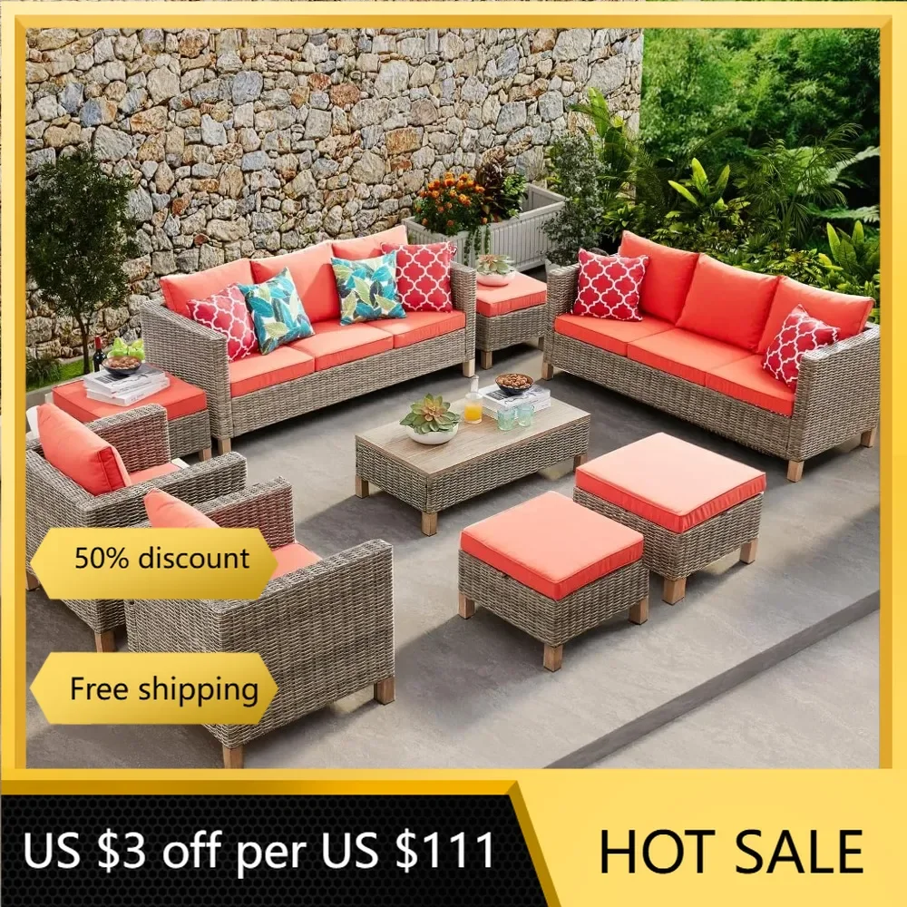 9 Pieces Patio Furniture Sets All Weather Reinforced Wicker Rattan Sectional Sofa  Outdoor Furniture Conversation Set