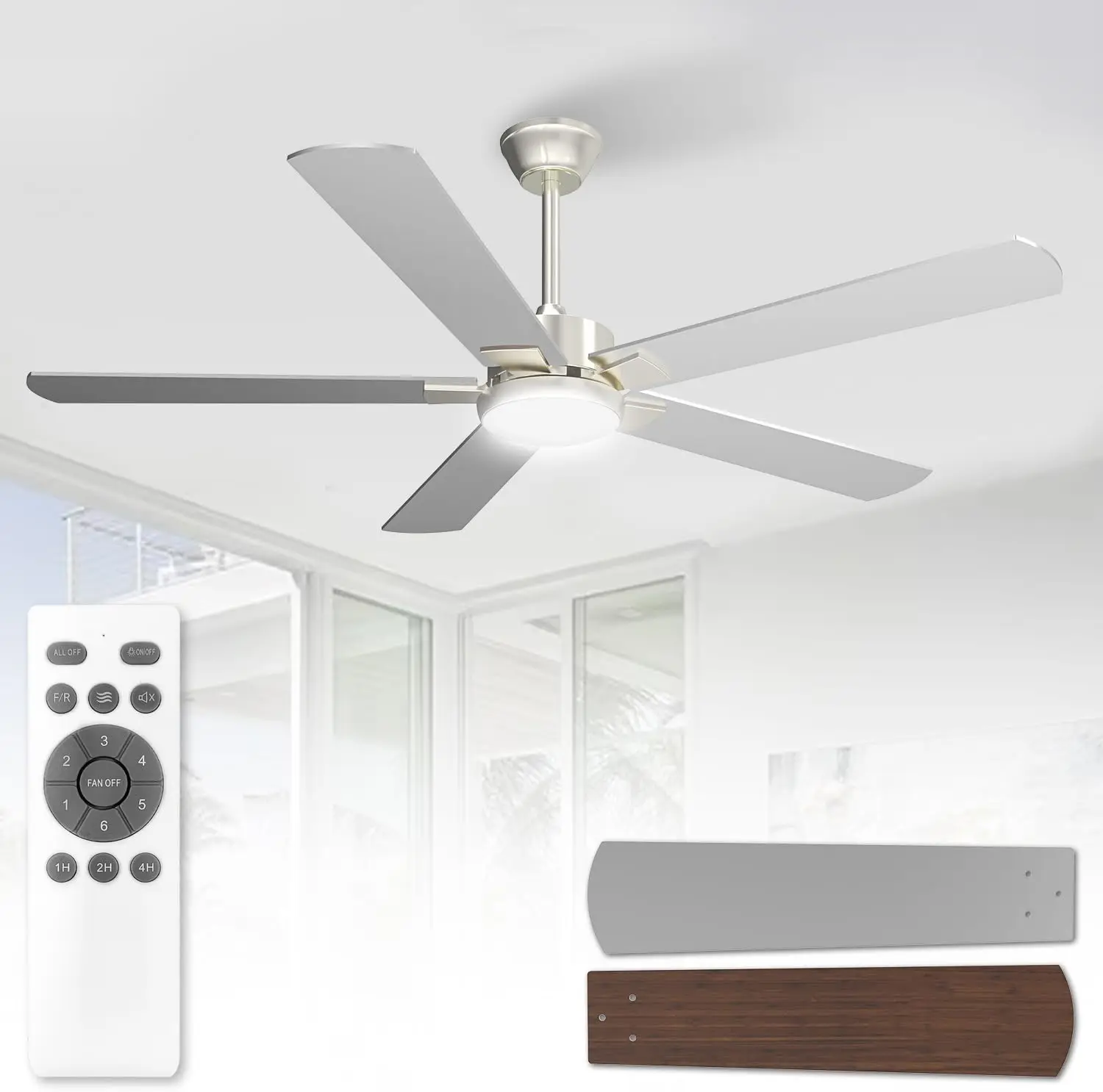 52 Inch Ceiling Fan with Light and Remote, Mid-Century Modern Fan Light for Living Room, Brushed Nickel Ceiling Fan with LED lig