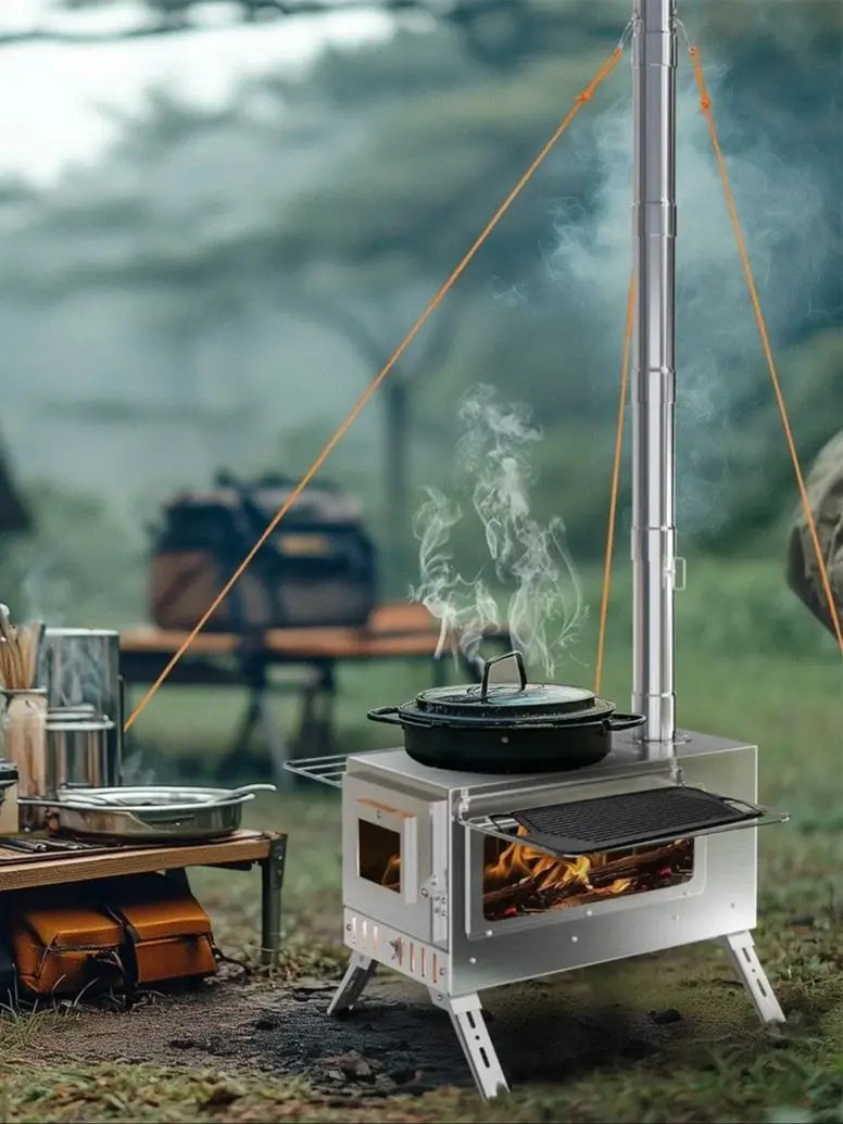 Hot Tent Stove, unho houtkachel, draagbare houtkachel met 6 roestvrijstalen schoorsteenbuizen voor buitenverwarming en koken - afbeelding 2
