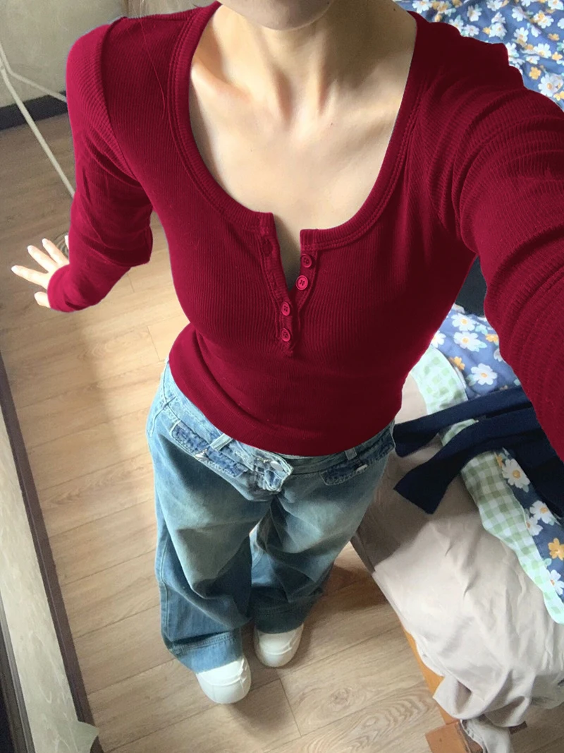 

Spring Summer Women's Slim Fit Long Sve U-Ne Base irt Wine Red Color Commute Sle Korean Version ort Length T-irt
