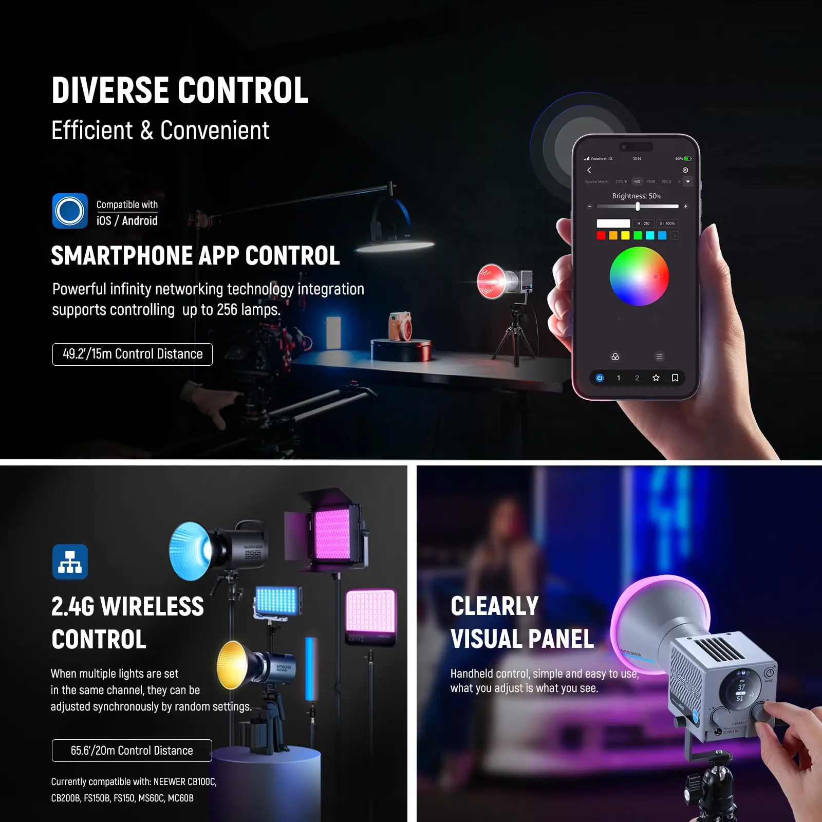 Neewer 60w portátil rgb led luz de vídeo portátil luz de preenchimento app/2.4g/controle do painel cri97 + regulável cob iluminação de saída contínua