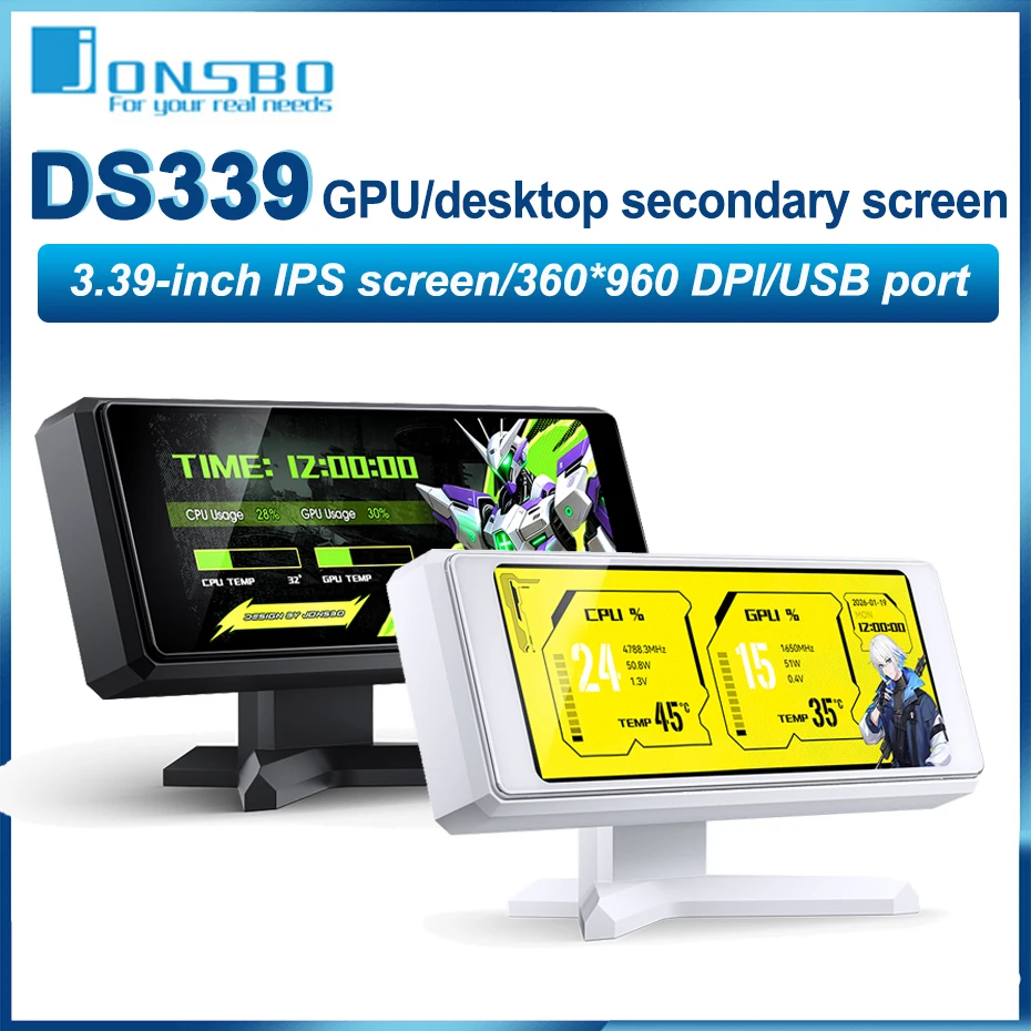 Jonsbo コンピューターシャーシ セカンダリスクリーン DS339 USB給電 GPU デスクトップ 3.39インチ IPS ミニモニターディスプレイ