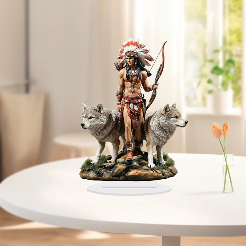 2D Savage Dual Wolves Native Chieftain Motif Acrylic Tabletop Ornament Holiday Decor Indoor Housewarming Gift Entryway Decor