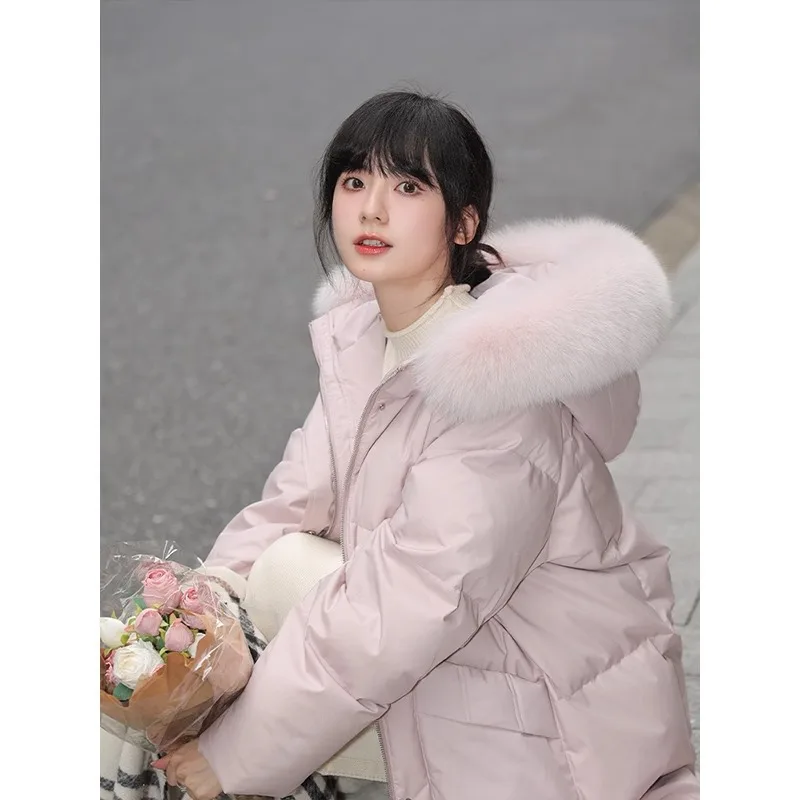 

2024 new mid to long style real fox fur collar 90 white duck down down down jacket women's winter version loose hooded jacket