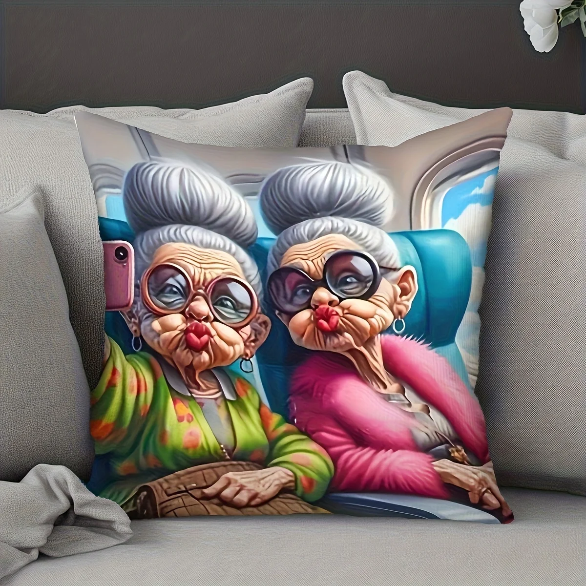 Funny Grandma Selfie Pillow Case, Cool Old Lady Airplane Cushion Cover for Sofa Bedroom, Humorous Elderly Travel Home Decor