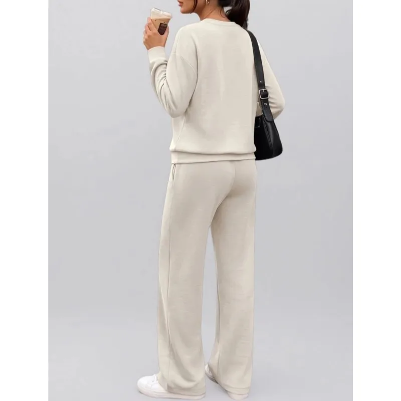 Spring Autumn Leisure Solid Color Set Women's Simple Style Fashion Top With Wide Leg Pants Two Piece Suit Ladies Office Outfit
