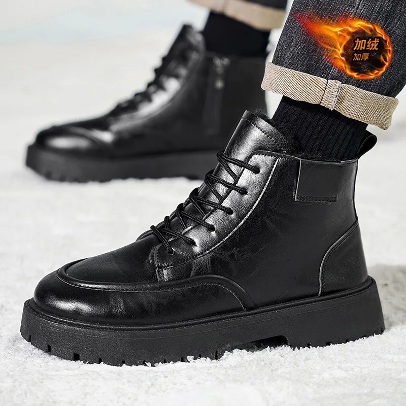 Winter High Top Warm Men's Leather Boots Black Velvet Anti Slip  Ankle Boots Thick Soled Wear-resistant Short Boots