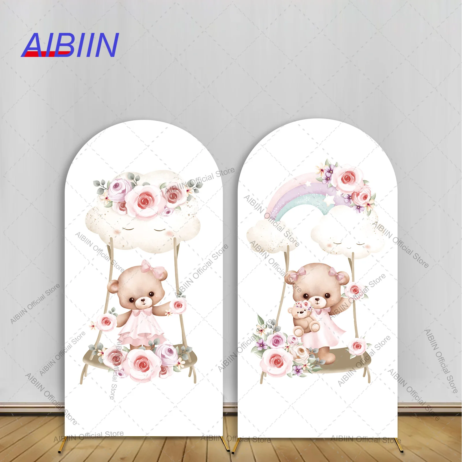 

Медведь детский душ арка фон крышка облако Радуга розовый цветочный качели девушка с днем рождения декор торт портретный фон