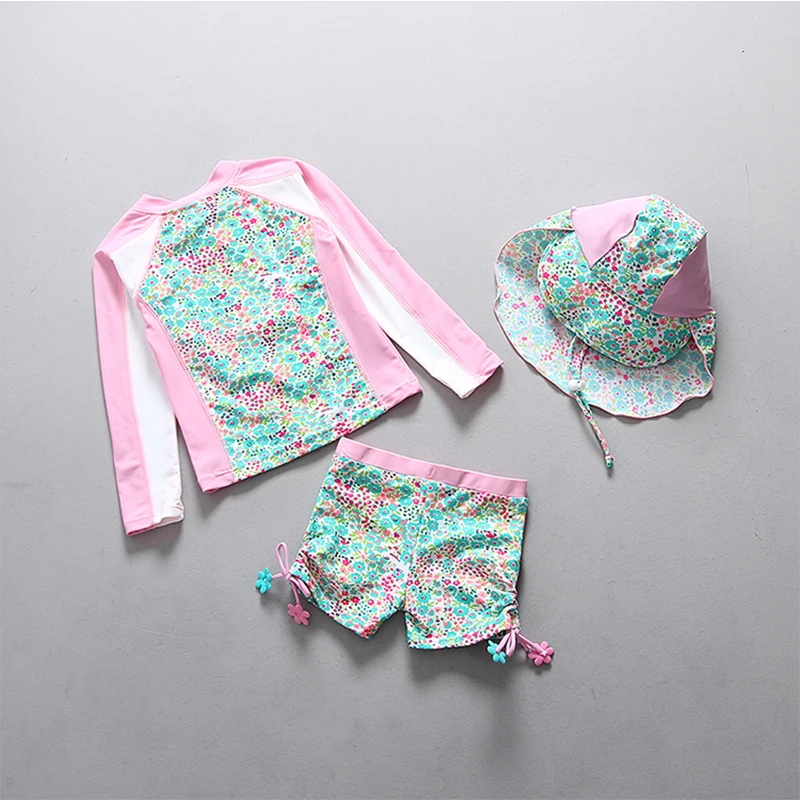 Pink Floral Sun Hat 3-Piece Girl Swimwear Children 2020 Toddler Baby Swimsuit Kids 2-Piece Swimming Long Sleeves Swim Wear Suit