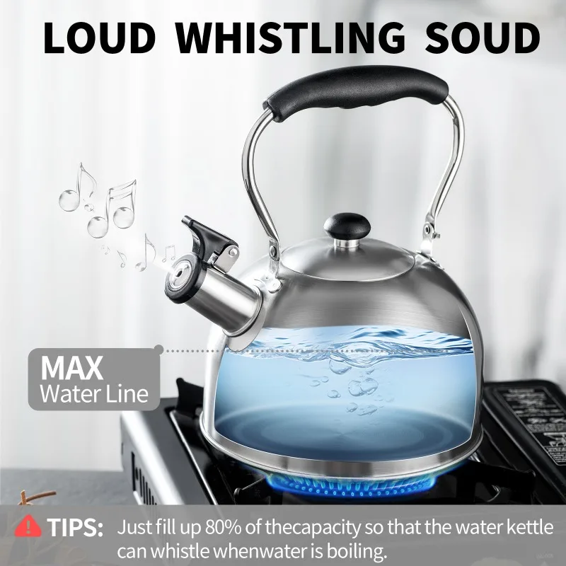 JUSTINLAU 2.5L Stainless Steel Whistling Kettle Home Hemispherical Water Kettle Compatible with Gas Stove & Induction Cooker