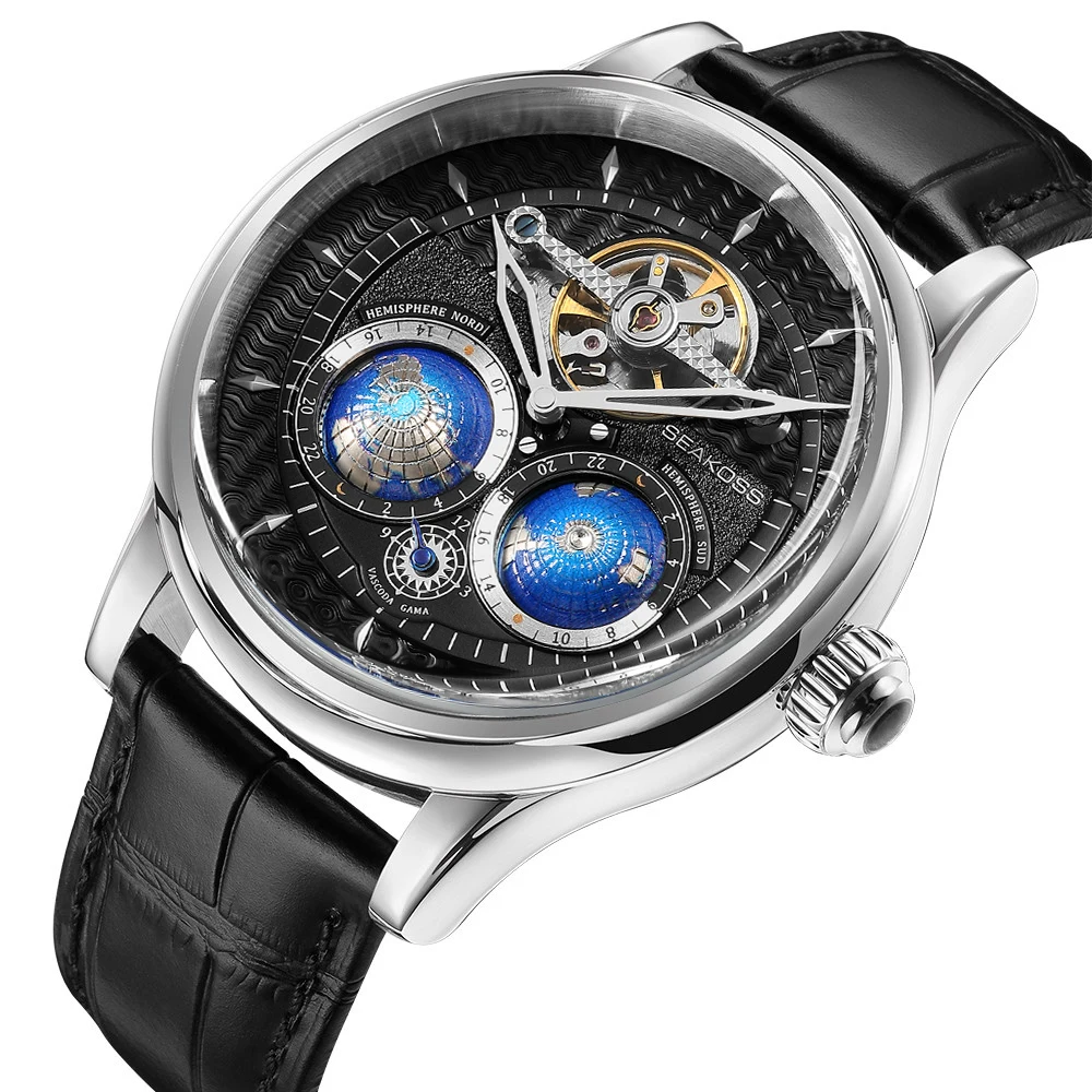 SEAKOSS Luxe dubbele aarde roterende mechanische herenhorloge Automatisch uurwerk Waterdichte klok Piloten Heren 1963 vliegwielhorloges - afbeelding 1