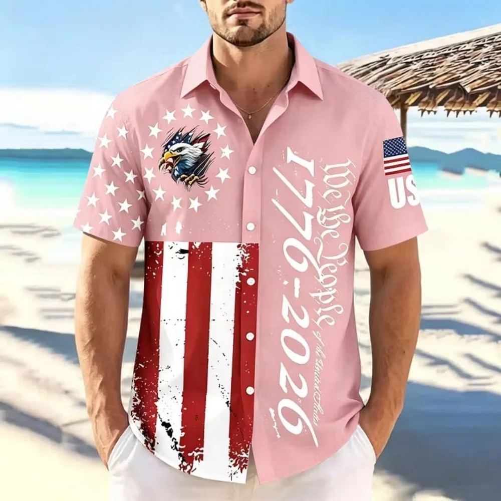 250th Anniversary of the United States 1776-2026 Men's Button Up Shirt Flag Star Pattern Short Sleeve Vacation Beach Shirt
