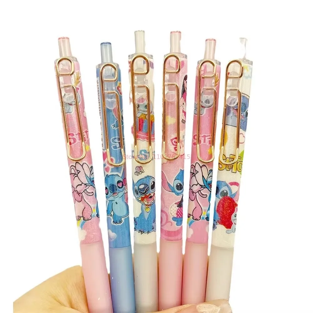 Disney 12/36pcs Lilo And Stitch 0.5mm Black Press Pen Gel Pen Cartoon Metal Pen Clip Press Signature Pen Student Stationery Gift