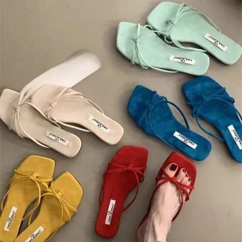 Summer new style women's casual French low heel simple square head anti-slip fashion havaianas flip-flops with thin straps 2025