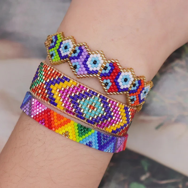 Rice bead bracelet Devil's eye Heart Rainbow Triangle Design Hand knitting Bohemia Adjustable Fashion Simple Beaded bracelet set