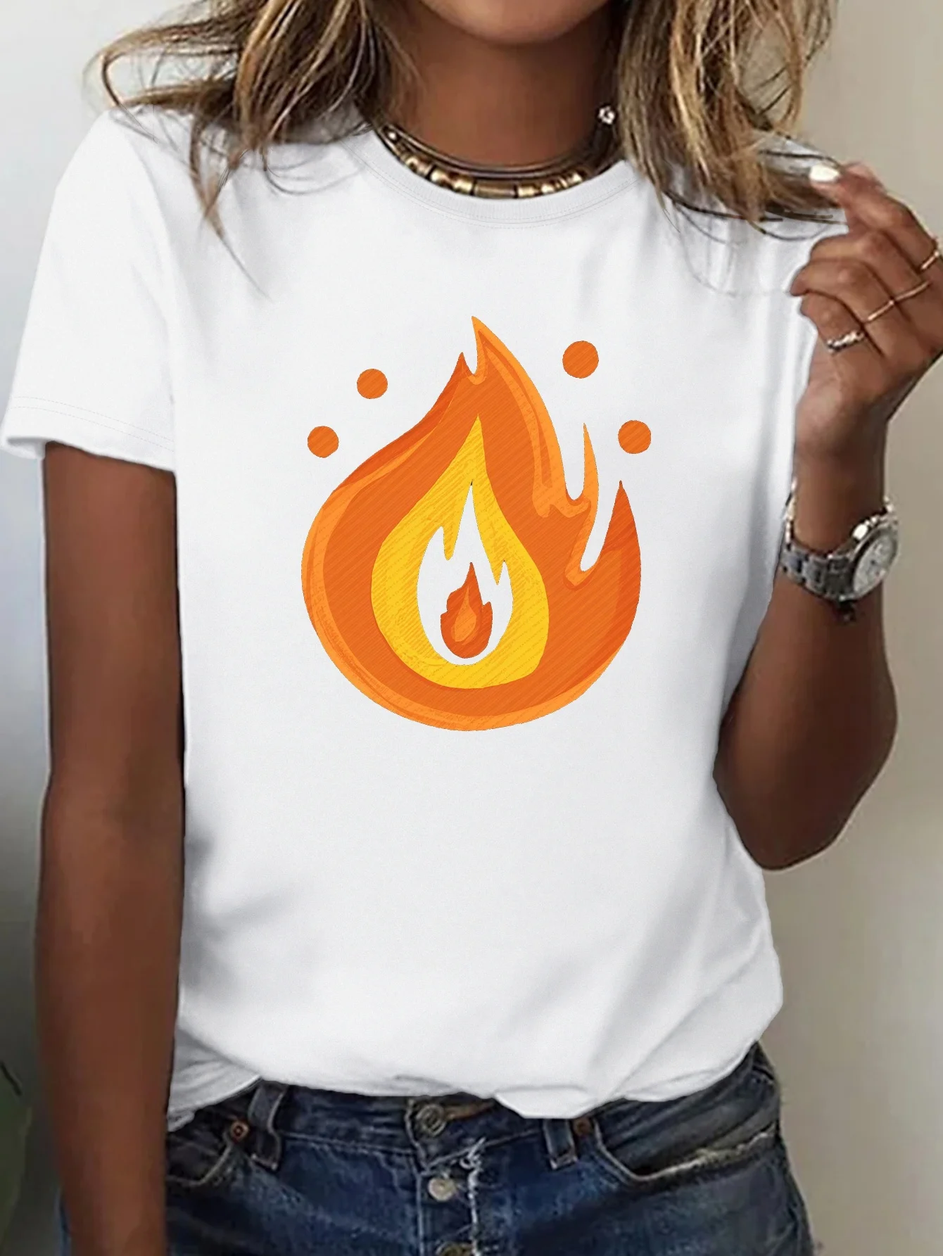 

Женская футболка с абстрактным принтом пламени и иллюстрацией из мультфильма, удобная посадка с короткими рукавами, удобная мягкая летняя модная одежда