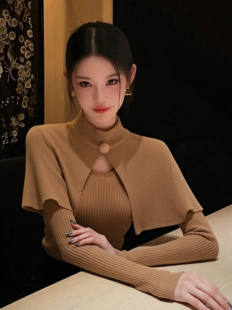 

Faionable Knitted Cowl Ne Poncho Women's Autumn Winter Unique Beautiful Top Light Mature Sle Padded Jaet Ciwalk