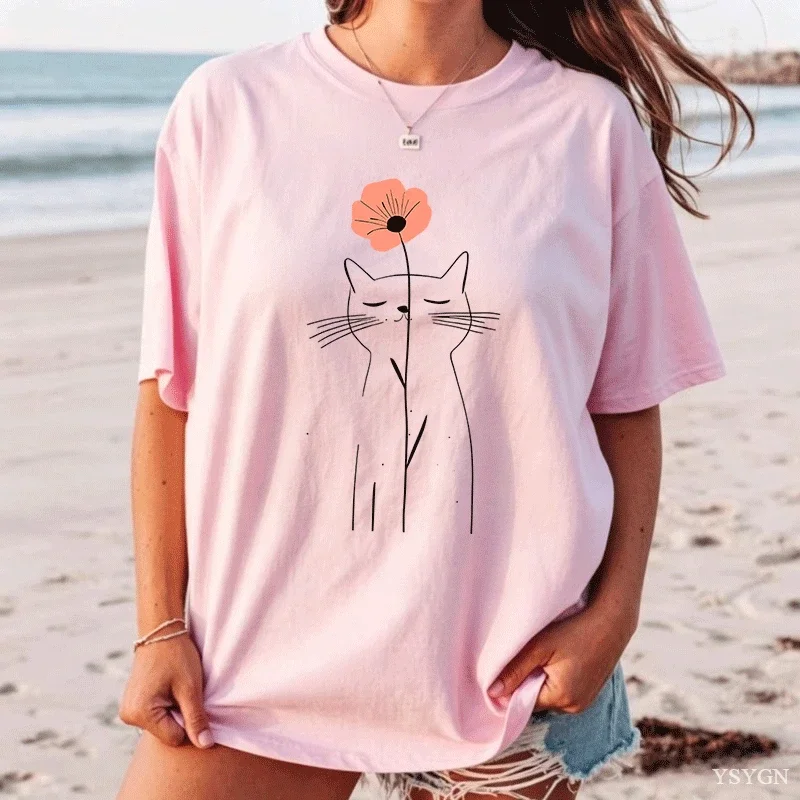 Minimalist Cat Flower Shirt Cute Cat Lover Gift For Her Floral Line Art T-Shirt Women Tshirt Ladies Tops Casual Summer Clothes