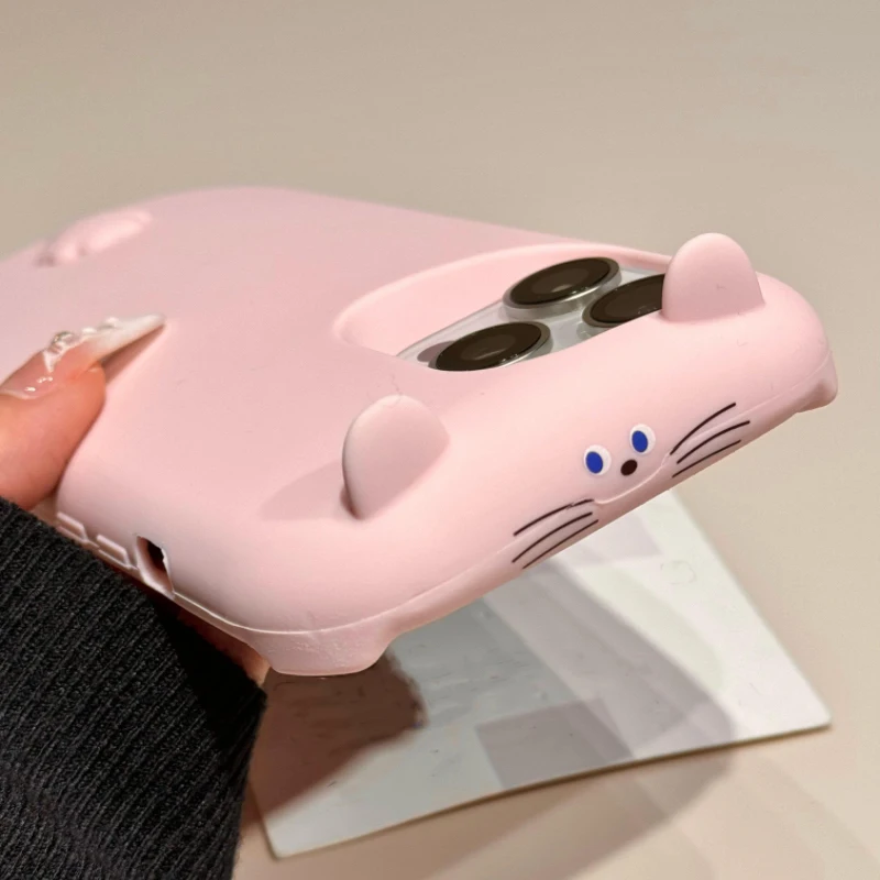 

Cartoon Cute 3D Cat Soft Silicone Case For iPhone 16 15 13 14 Pro Max Lovely Girl Shockproof Phone Back Cover