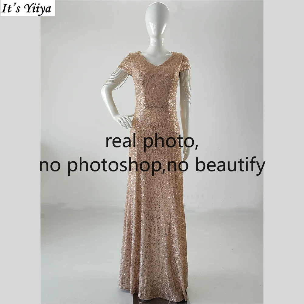 

It's Yiiya Evening Dress Golden Sequins Beads V-neck Mermaid Trumpet Floor Length Plus size Women Party Gown Robe De Soiree K054