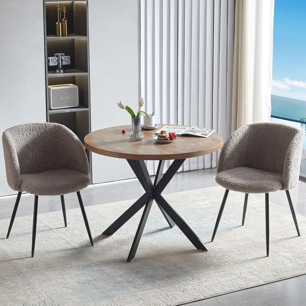 Set tavolo da pranzo per 2 con sedie, 37" rotondo in legno ingegnerizzato, pulire, soffice braccio in sherpa, moderno dinette, gambe in metallo, colazione,