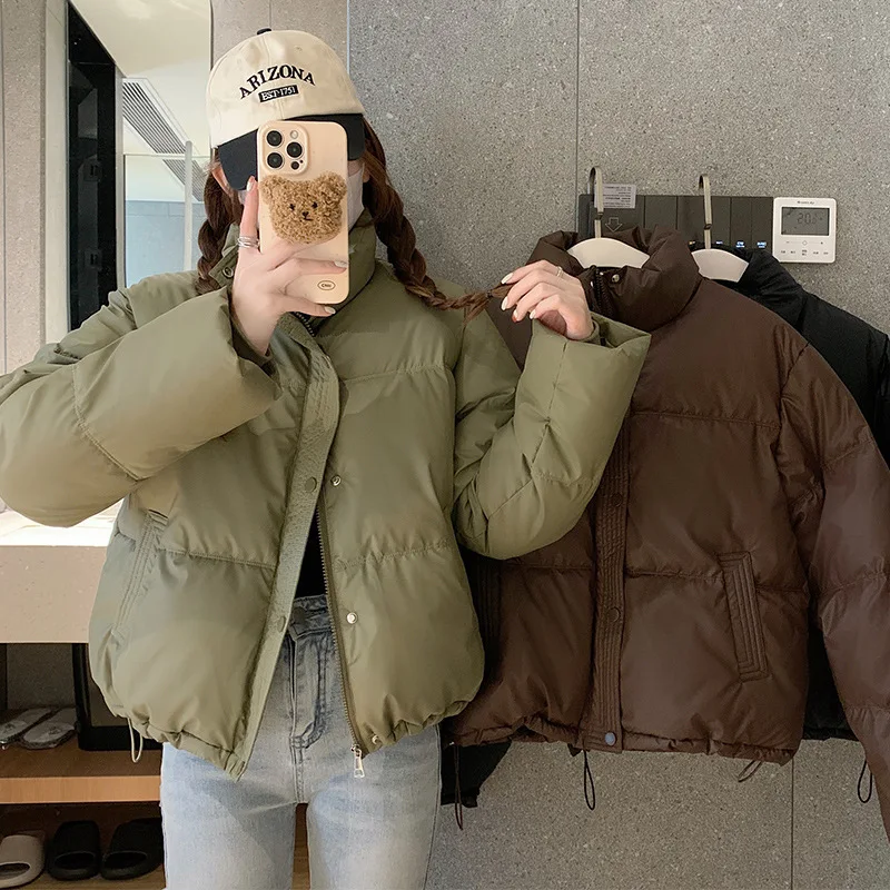 Korean Short Cotton Jacket for Women in Winter 2025 New Small and Loose Stand Up Collar Bread Jacket Trendy Solid Color Versatil