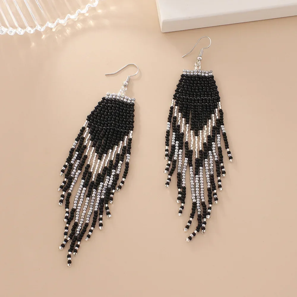 Rice Bead Earrings  Hand knitting  Beaded  Simplicity  black  Retro  Bohemia  geometry  alloy  ma'am  Tassel Earrings