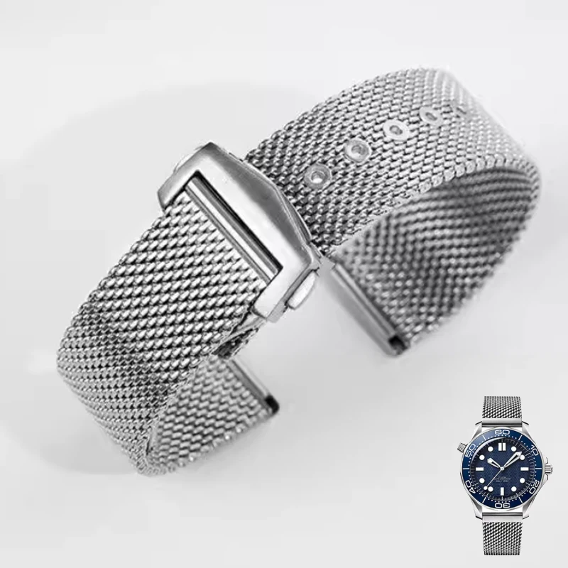 

Ремешок для часов из нержавеющей стали с сеткой 20 мм, складная застежка-бабочка, быстросъемный металлический браслет для часов Omega 007 Seamaster