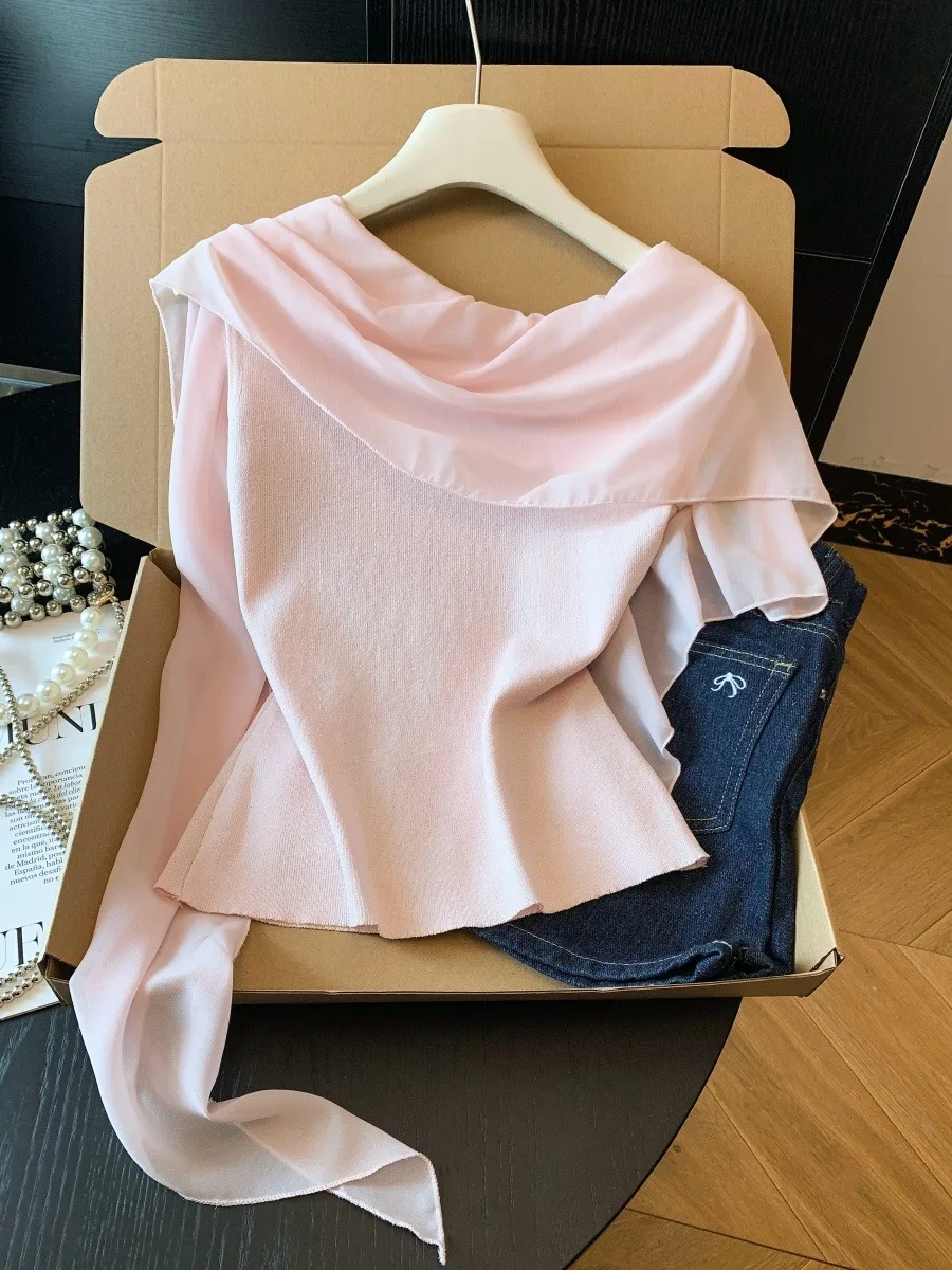

Pink Asymmetrical Hem Ice Silk Knitted Top Women's Summer Sleeveless Shoulder Bared Knitwear Soft Comfortable Commute Style