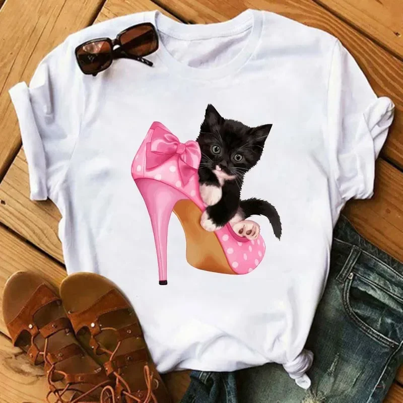 Cute Cat In Red High-heeled Printed Women Christmas Gift Tshirts for holiday   Casual Short Sleeve O-neck T-shirt  Tees Female