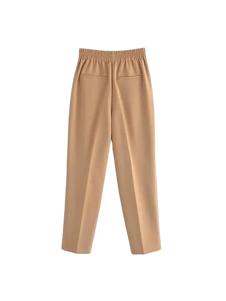 Women Fashion With Metallic Button Straight Pants Vintage High Waist Back Elastic Waistband Female Ankle Trousers Mujer