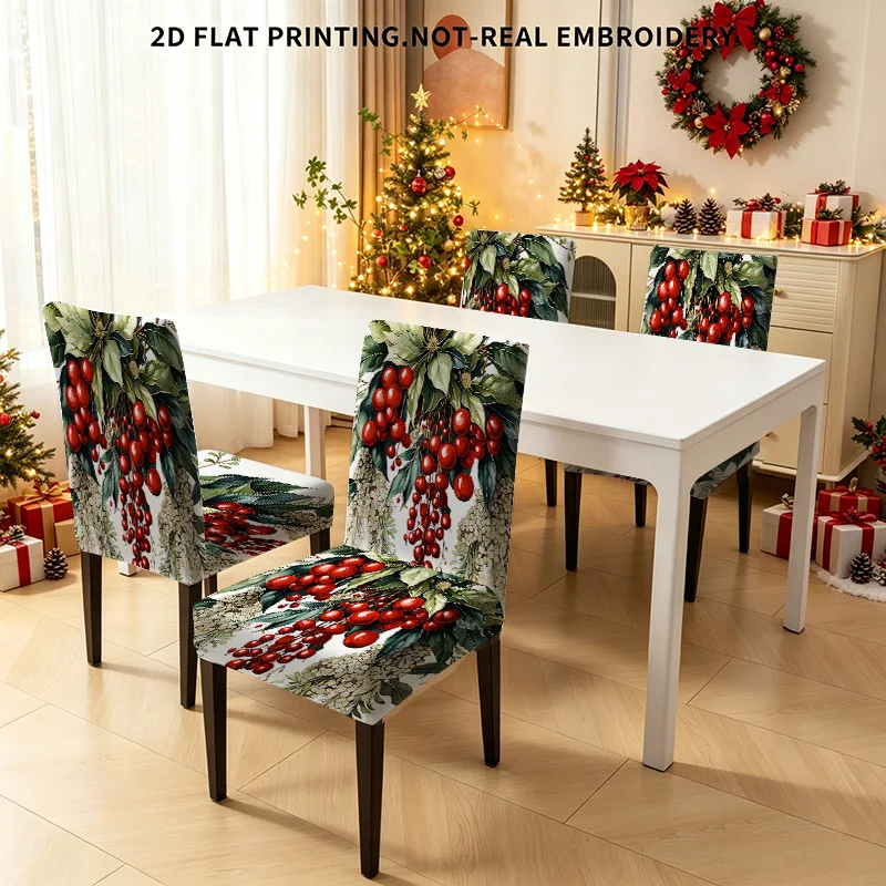 2/4/6 PCS Christmas tree bell floral print elastic dining chair cover, 2D flat print chair cover Christmas home decoration
