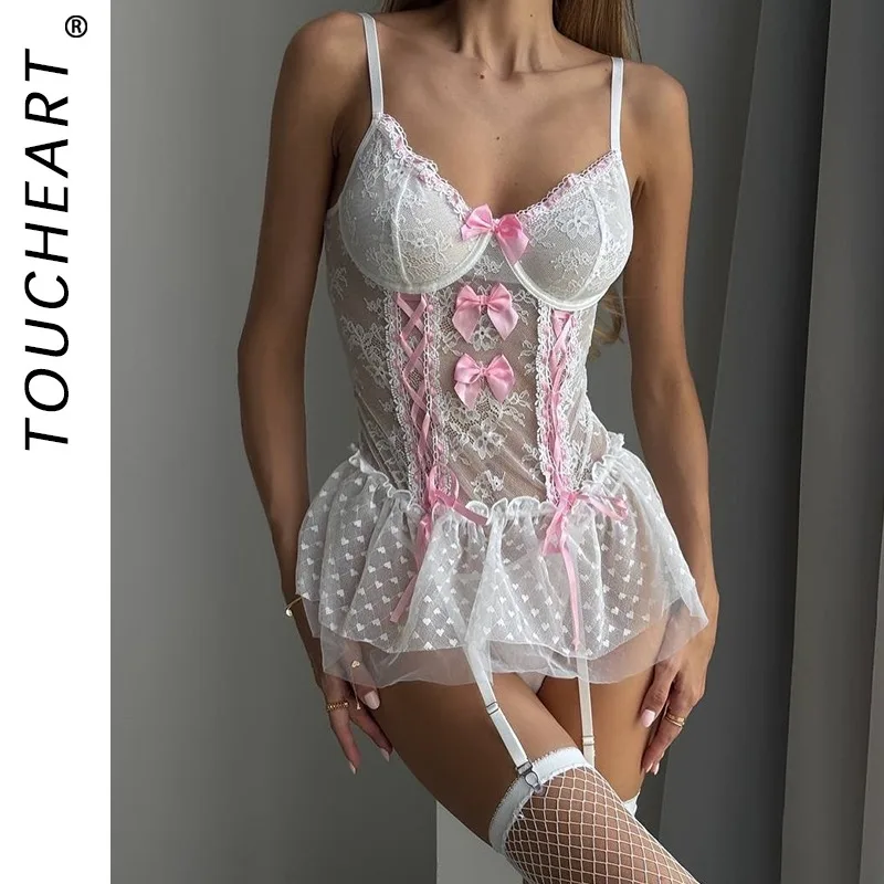 

Toucheart Lace Bow Knot Lace Up Sexy Night Skirt Skinny See-through Hollow Out Spaghetti Strap Interesting Girl Night Skirt Set