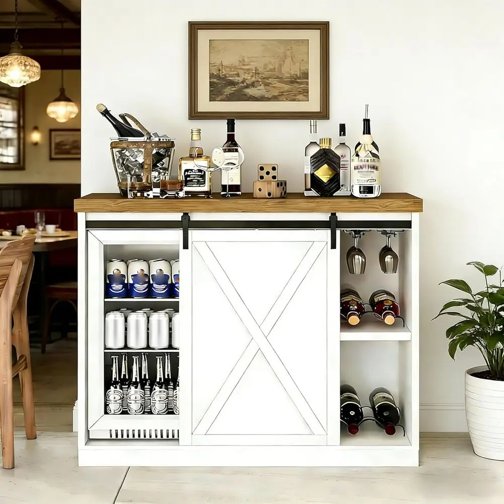 

Mini Ridge Space Kitchen Hutch with Sliding Barn Door, Built-in Outlet, Wine Rack & Glass Holder, White