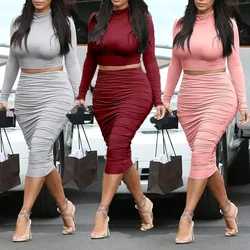 Sexy Bodycon 2pcs Set Long Sleeve Crop Top & High Waist Ruched Skirt Women's Clothing