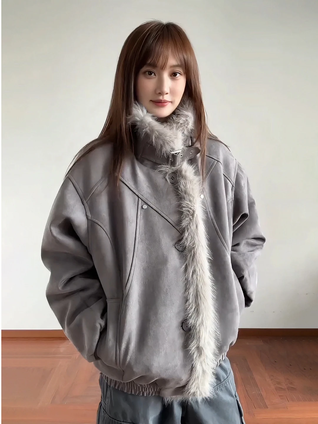 

Американская ретро-куртка с утолщенным меховым воротником, хлопковая, мужская и женская, зимняя теплая верхняя одежда, комбинированная кожаная и меховая куртка