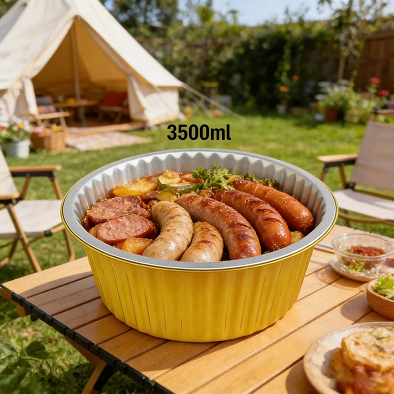 3500ml Gold Round Aluminum Foil Pan Heavy Duty Thick BBQ Baking Trays Disposable Heat Resistant Tin Foil Container 10pcs Pack