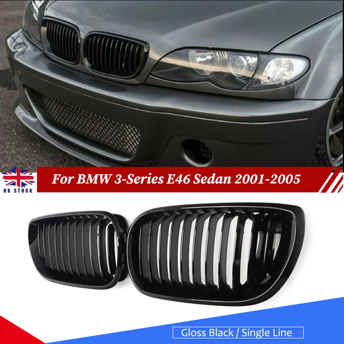 Front Bumper Kidney Grill Fit for BMW E46 4 DOOR Sedan 320i 325i 325Xi 330i 330Xi LCI Facelift 2002 2003 2004 2005 Gloss Black