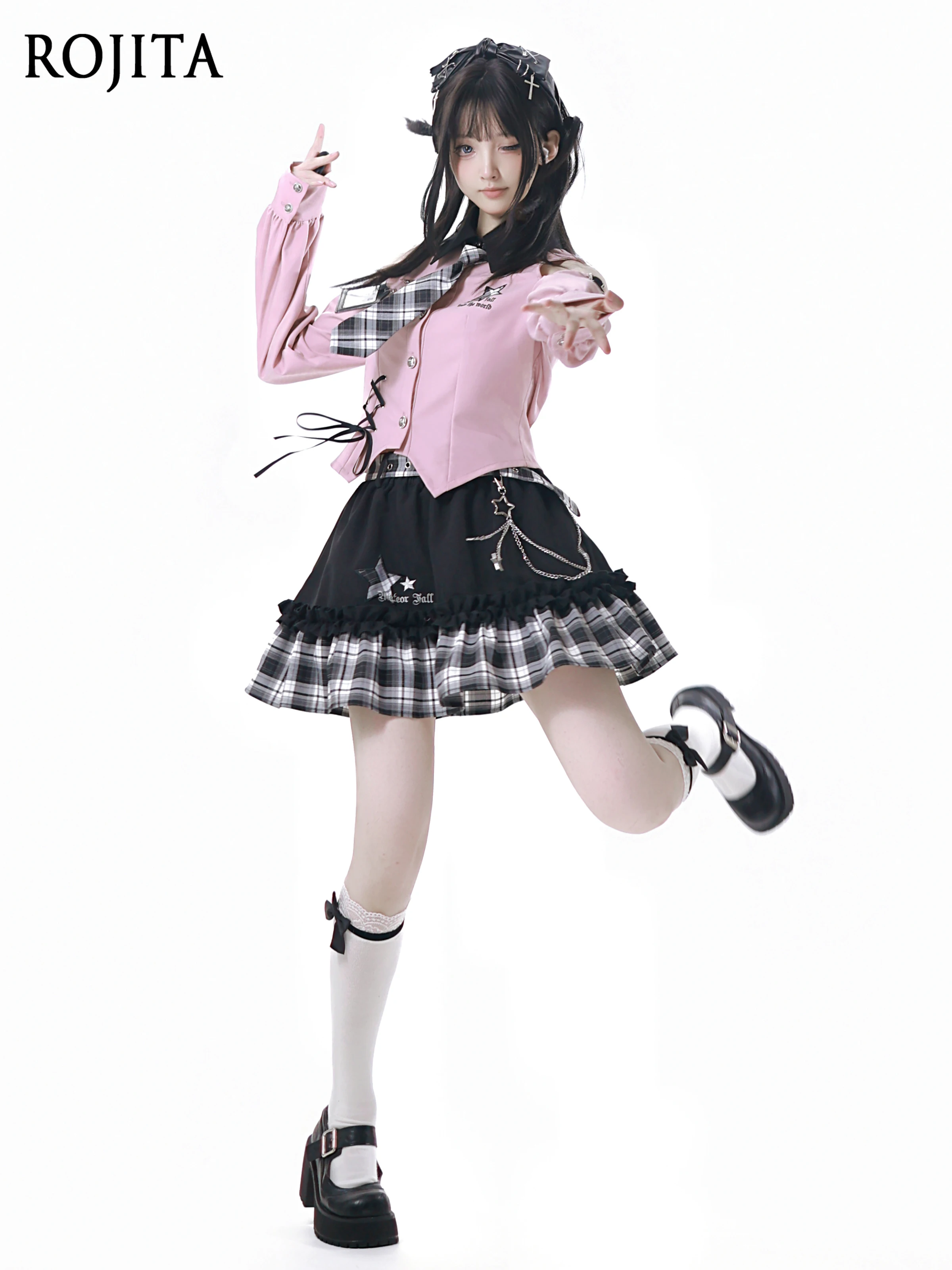 

Autumn Off-Shoulder Long Sleeve Shirt Sweet Pink and Black Color Block Shirt Plaid Tie College Style Japanese Top and Skirt Sets